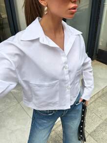 RueChic Cotton Solid Drop Shoulder Pocket Patched Shirt - White - View 5