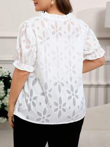 SHEIN Clasi Plus Size Floral Pattern Notch Neck Ruffle Sleeve Blouse, Summer,Summer Outfits For Women,White Top,Going Out Tops