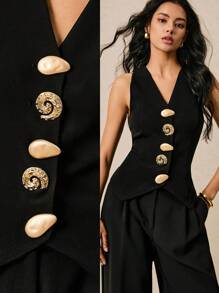 Poéselle Women's Solid V-Neck Metal Button Top, Suitable For Summer - Black - View 6