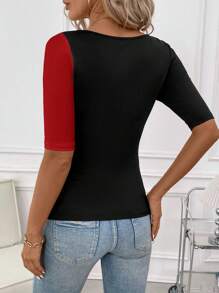 SHEIN Clasi Damen asymmetrischer Kragen Kurzarm Lässig Farbblock tailliertes T-Shirt