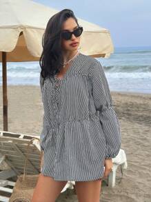 SHEIN Swim 女士黑白条纹褶皱长袖海滩罩衫，夏季 - 黑與白 - 查看 5