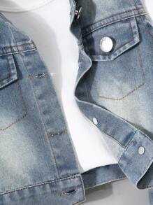 新生男婴休闲洗水牛仔连帽背心上衣和松紧腰牛仔短裤套装，简约时尚百搭设计，适合日常穿着 - 淺色水洗藍 - 查看 5