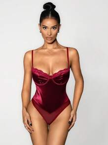 Sirith Spring Summer Satin Satin Patchwork Lace Lace Steel Women's Bodysuit Dating Holiday Concerts - Burgundy - View 1