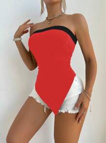 VaVaBold Contrasting Color Asymmetrical Hem Bodycon Sexy Crop Top - Red and Black - View 4