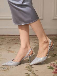 CUCCOO TILAWA Women's Silver Pointed Toe Mid Heel Rhinestone Decorated Closed Toe Sandals, Sexy Evening Party High Heels For Christmas - Silver - View 5