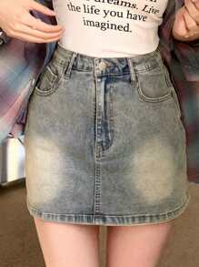 DAZY 女士纯色口袋休闲紧身牛仔短裤，适合夏季 - 芥末黃 - 查看 3