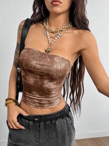 Coolane Tank Top Pendek Motif Cuci yang Modis untuk Musim Panas - Coklat - View 5