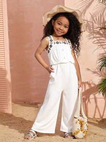 Young Girls Adorable Playful Style White Sleeveless Embroidered Jumpsuit, New Spring/Summer Collection - White - View 1