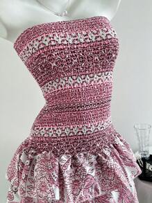 Elamini Women's Floral Print Ruffled Hem Tube Mini Vacation Dress - Pink - View 4