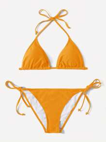 Swim Basics Solid Color Halter Tie Front Bikini Set, Summer Swimsuit - Orange - View 1