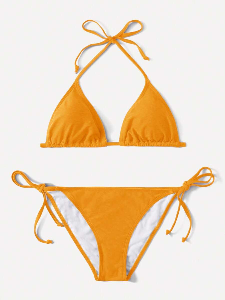 Swim Basics Solid Color Halter Tie Front Bikini Set, Summer Swimsuit - Orange - View 1