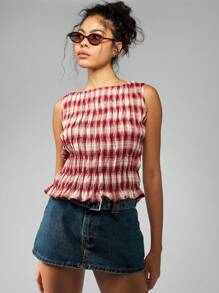 MISSGUIDED Áo crop top không tay nhún bèo họa tiết kẻ caro thường ngày lễ hội bãi biển mùa xuân áo cánh xếp ly thời trang trẻ em đường phố giáng sinh - Đỏ - Xem 4