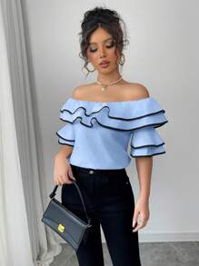 Chiquease Fashionable Off Shoulder Double Ruffle Trim Blouse - Blue - View 6