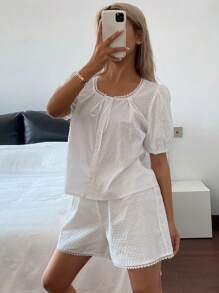 Livesso Bộ đồ ngủ màu trắng thoải mái, rộng rãi, dễ mặc mùa hè mới dành cho nữ - trắng - Xem 3