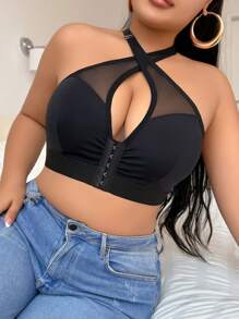 SHEIN Front Closure Halter Hollow Out Plus Size Women Bra - Black - View 4