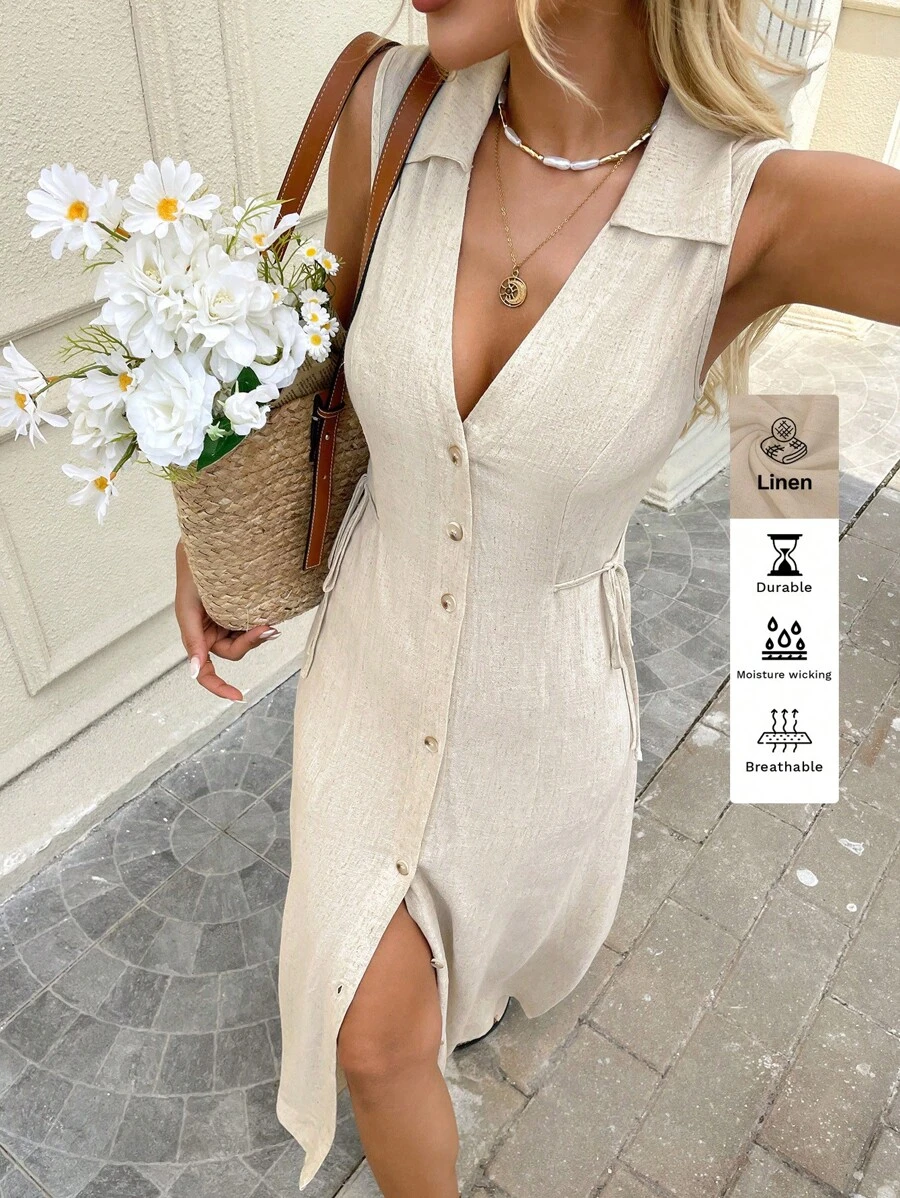 SHEIN LUNE Summer Outfits For Women Linen Fabric Shirt Collar Button Decor Beige Mid-Calf Elegant Dress For Women, Suitable For Spring/Summer Casual Wear, Commuting And Office Boho Women Clothing Business Casual Woman Old Money Style Women Vacation Outfits Woman,Summer Dresses For Women Airport Women Outfits Dresses For Wedding Event - Apricot - View 1