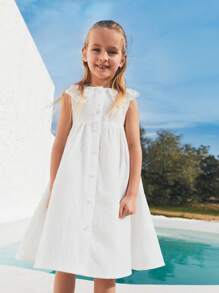 SHEIN Young Girls Vacation Cute Style Collar Seashell Button Embroidered Sundress - Beige - View 1