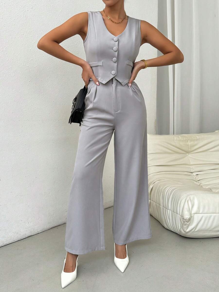 Chiquease Frauen Sommer lässig einfarbig ärmelloses Weste und lange Hose Anzug