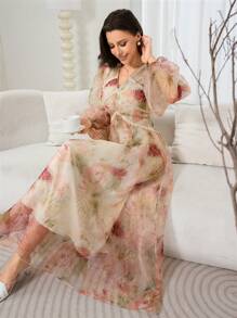 Modelyn Women's Boho Organza Maxi Dress: Floral Print, V-Neck, Long Bishop Sleeves, And Flared Hem For A Flowing Silhouette - Multicolor - View 2