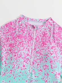 SHEIN Teenage Girls One-Piece Swimsuit & Shorts 2pcs Set, New Arrival Teenage Girls Long Sleeve Zipper Decor Swimsuit Set. Suitable For Spring/Summer Beach Swimming. Colorful Splash Dyed Gradient Pattern Design. Light Colored Stylish Fashion Design. Comfortable Fabric. Light Blue And Pink Design, Fresh And - Olive Green - View 4