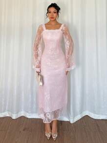 Chiquease Elegant Pink Lace Long Sleeve Lady Dress - Pink - View 5