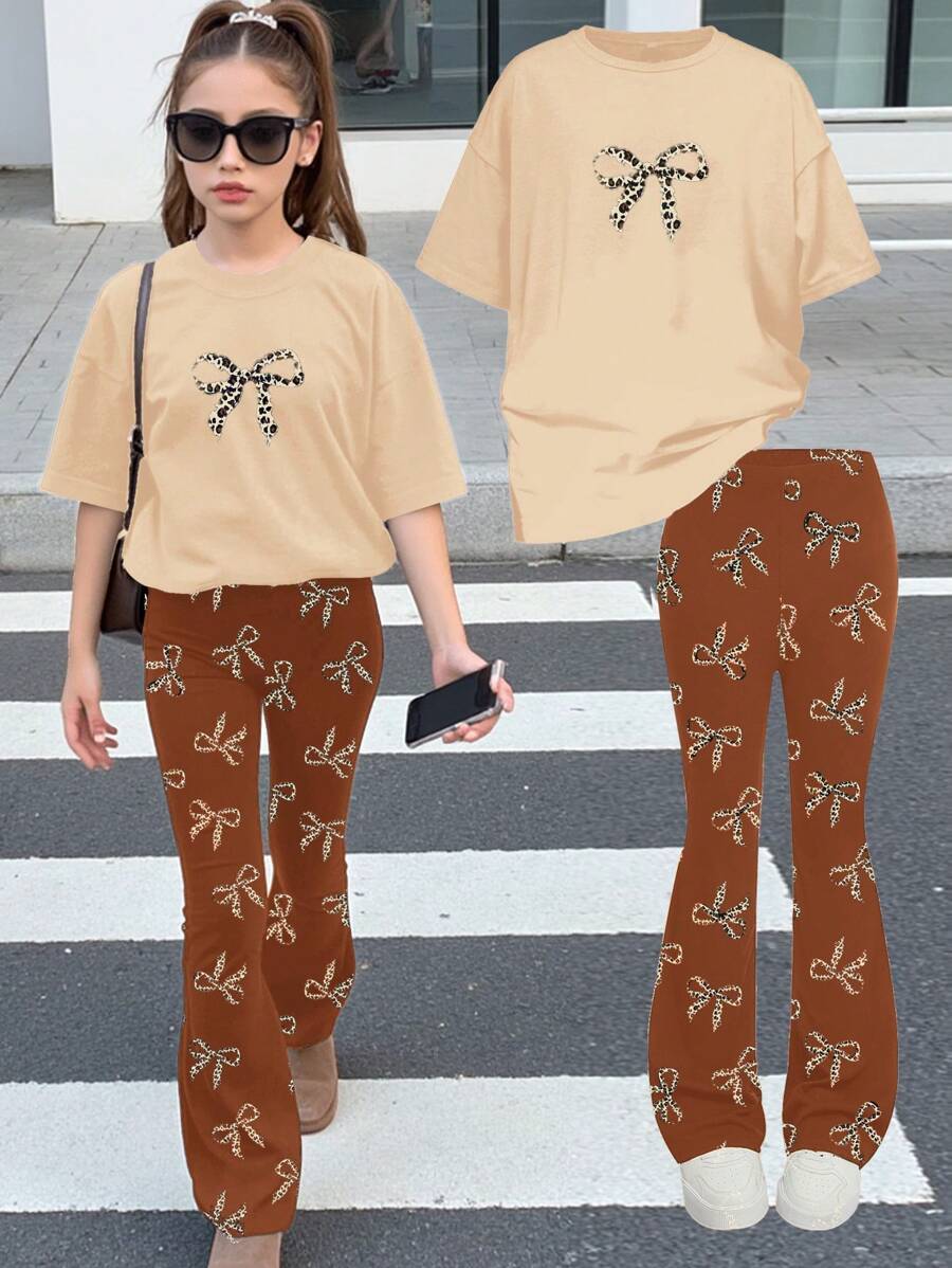 SHEIN 2 件套青少年女孩休闲简约短袖上衣和长裤套装，适合夏季 - 彩色 - 查看 1