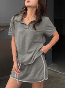 DAZY Conjunto deportivo casual de mujer con blusa tipo polo y falda-pantalón con ribete de contraste
