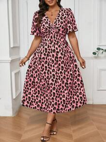 SHEIN Frenchy Váy họa tiết da báo cổ điển cỡ lớn tay ngắn thắt eo - Hồng - Xem 3