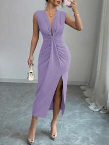 Rafferiza Elegant Sleeveless Blue Deep V-Neck Ruffle Hem Slit Dress For Women, Spring/Summer - Purple - View 6
