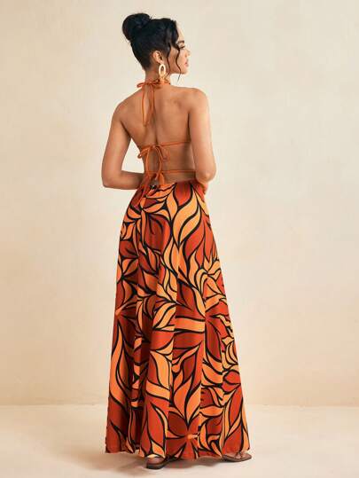 JIAN LASALA Vestido largo rojo para mujer con estilo bohemio, escote en V profundo, sin mangas, estampado total, espalda descubierta, nudo, recortes, atuendo de verano para mujer, vestido de verano para mujer, vestido de playa para mujer, atuendos para salir, atuendos de playa para mujer