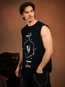 HARRY POTTER X SHEIN Áo thun nam cỡ lớn dáng rộng, chất liệu dệt kim, họa tiết Dark Magic, màu đen, thích hợp cho mùa xuân/hè. - màu đen - Xem 5