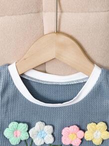 女婴可爱 3D 花卉装饰无袖圆领背心 + 休闲蝴蝶结短裤 2 件套，夏季 - 藍色 - 查看 3