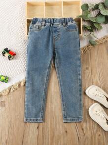 幼儿中性休闲日常轻度水洗全松紧腰平口袋修身牛仔裤 - 中等水洗藍 - 查看 1