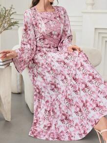 Al Najma 数码印花交叉带长袖阿拉伯风格女式连衣裙，端庄大方