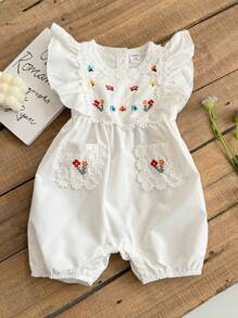 SHEIN Vintaside Kids 婴儿/女宝宝优雅花朵连体衣，可爱时尚乡村度假风格百搭必备 - 白色 - 查看 3