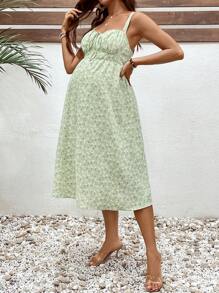 SHEIN Green Floral Print Maternity Midi Dress: Boho Sleeveless Summer Dress With Bow Front Detail - Green - View 3