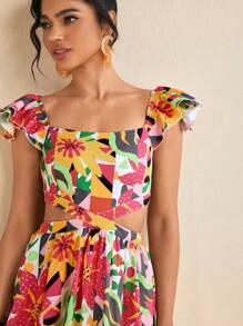 TIYA Vestido mini con escote y cintura cortados y bajo con volantes de estampado tropical para primavera y verano - Multicolor - Ver 7