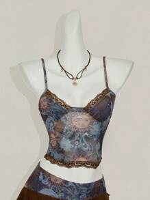 SHEIN ICON 2pcs/Set Vintage Lace Splice Mesh Low Waist Layered Skirt - Green - View 4