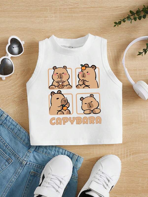 Top casual sin mangas de cuello redondo con estampado de animales de dibujos animados lindo para niña, apto para el verano