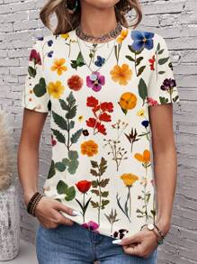 EMERY ROSE Camiseta casual, holgada y de manga corta con cuello redondo y estampado floral para mujer, versátil y minimalista - Multicolor - Ver 5