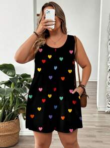 EMERY ROSE Plus Size Colorful Heart Print Casual Jumpsuit,Spring/Summer/Vacation - Multicolor - View 4