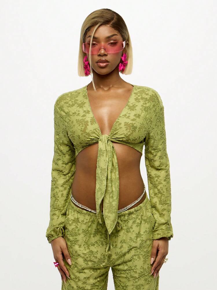 SUMWON WOMEN Women Tops Floral Jacquard Tie Front Long Sleeve Crop Top