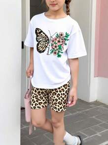 2pcs/Set Tween Girl Leopard Bow Floral Print Casual Round Neck Short Sleeve T-Shirt And Leopard Print Tight Shorts, Comfortable Casual Wear For Summer, Suitable For Home, Outgoing - White - View 3