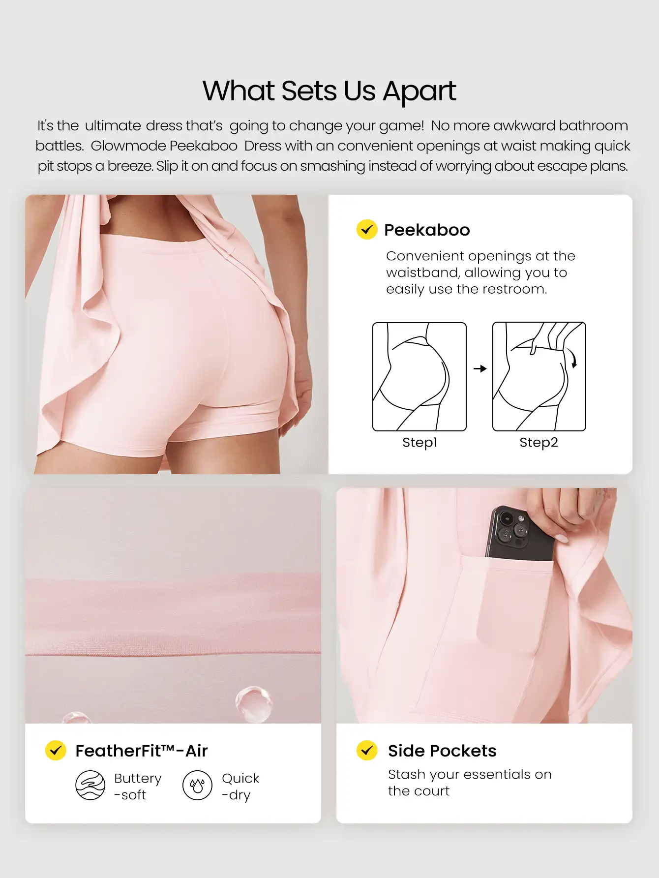 GLOWMODE FeatherFit™-Air 吸汗速干露肩结背方领迷你连衣裙，内置短裤，侧袋，防滑手柄，日常休闲装，可拆卸罩杯 - 淺粉色 - 查看 2