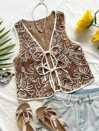 Soleia 大码女式针织V领无袖上衣，绿色带刺绣，撞色系带腰身，夏季度假棕色上衣
