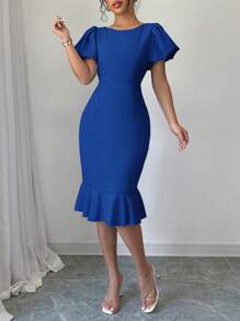 Elenzga Women Solid Color Round Neck Petal Sleeve Ruffle Hem Dress - Royal Blue - View 4