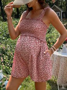 SHEIN Maternity Frill Trim Camisole Romper With Pockets - Pink - View 4