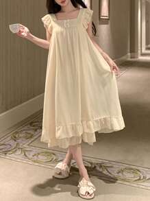 DAZY 女士甜美蝴蝶结荷叶边方领轻盈睡袍，夏季睡衣