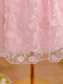 SHEIN Glamorique Kids 少女粉色3D刺绣花朵无袖连衣裙，甜美可爱，适合日常聚会、派对等各种场合，展现少女优雅甜美的魅力 - 粉色 - 查看 7