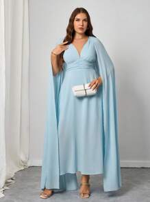 SHEIN Clasi Plus Size Elegant Deep V-Neck Solid Color Dress, Fashionable For Summer - Blue - View 3